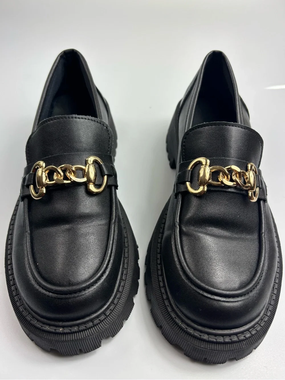 Chunky Black Faux Leather Loafers Flats Gold Metal Buckle US 9 EU 40